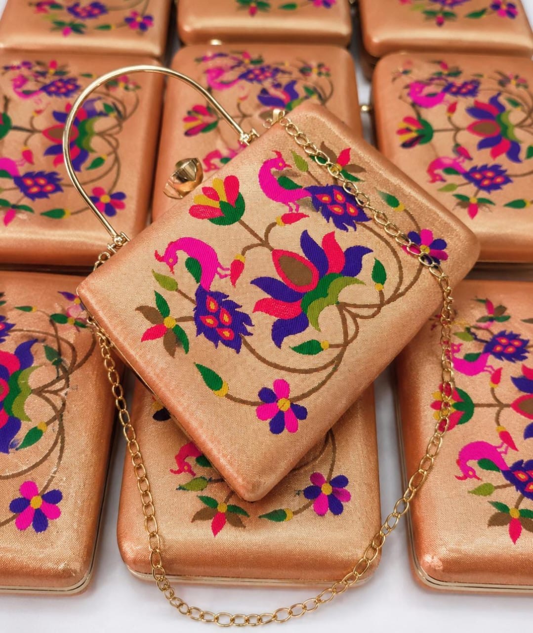 Paithani-Inspired Diamond Frame Silk Clutch – Peacock & Floral Motif