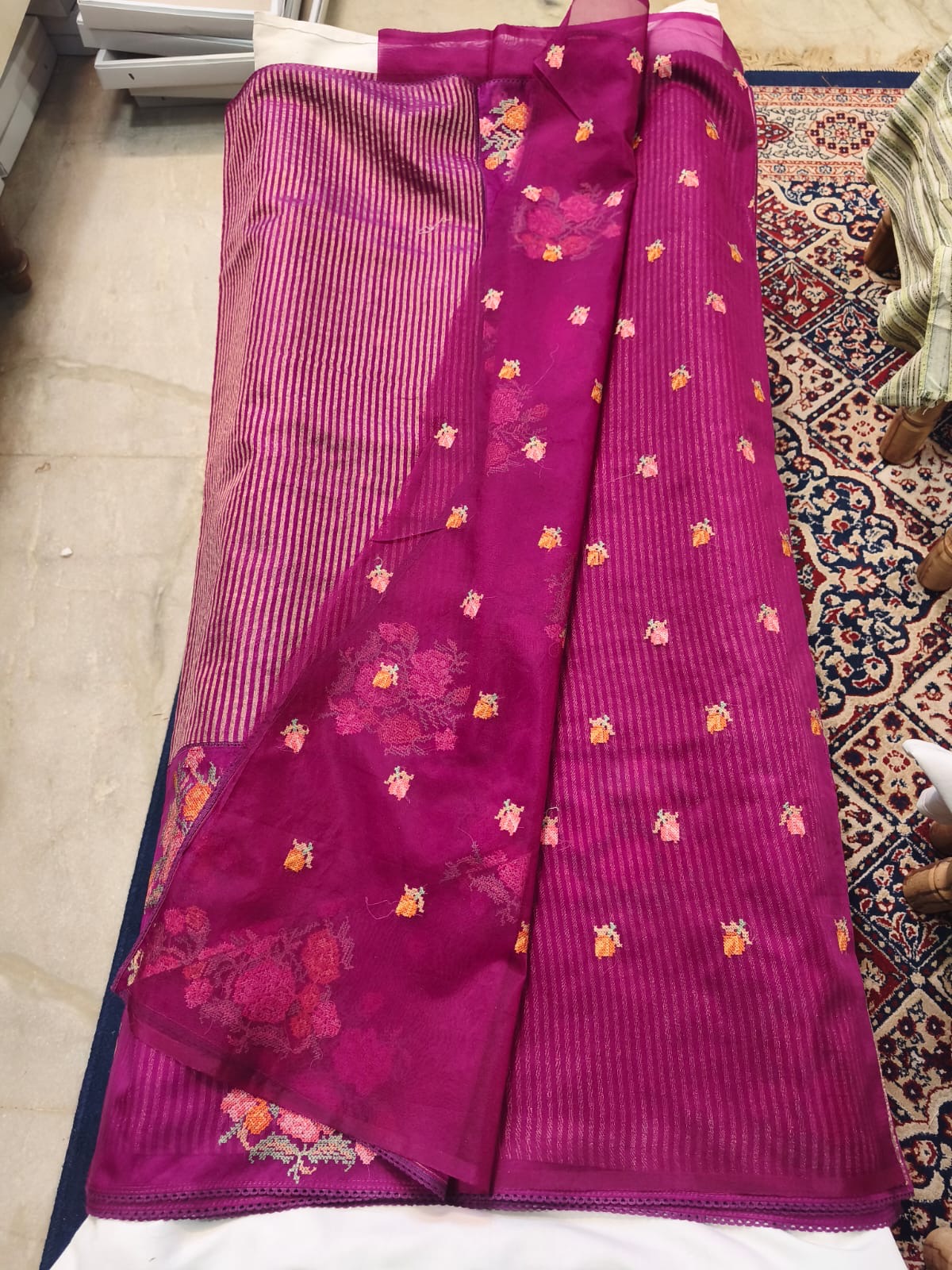 Scattered Bouquet Pinstripe Saree