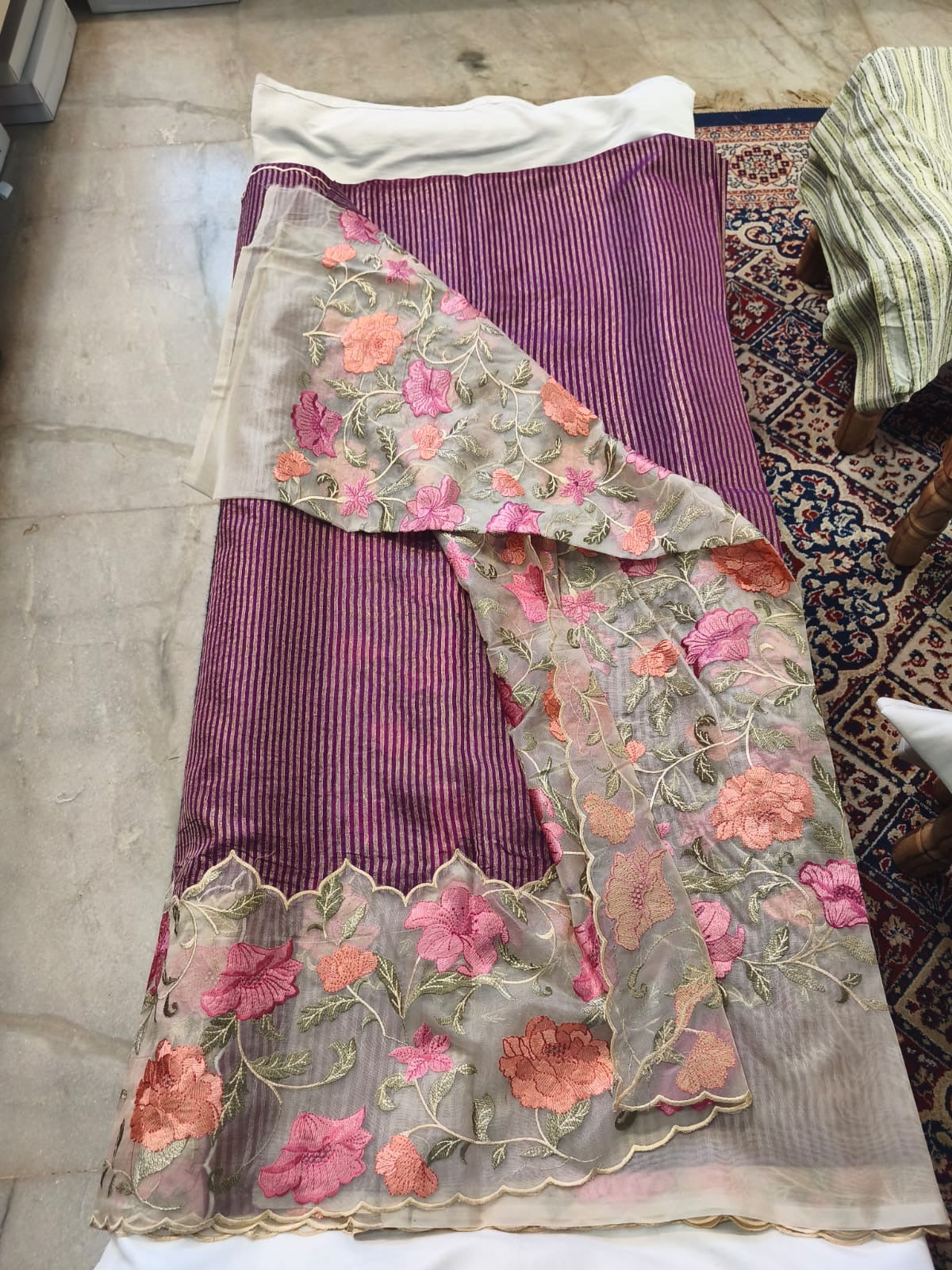 Midnight Stripe Scallop Border Saree