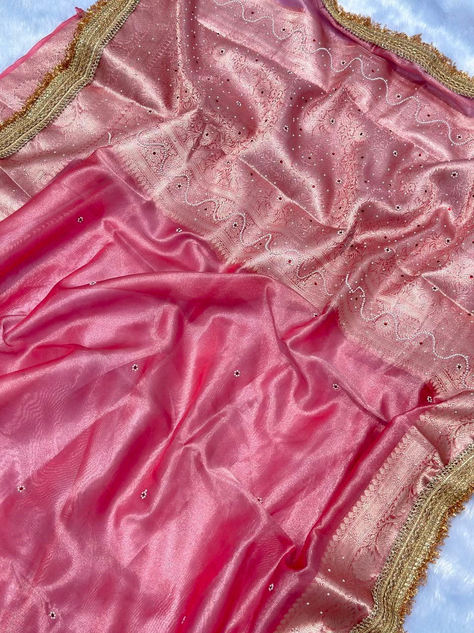 Blush Peach Kora Silk Tissue Saree with Mirror Work