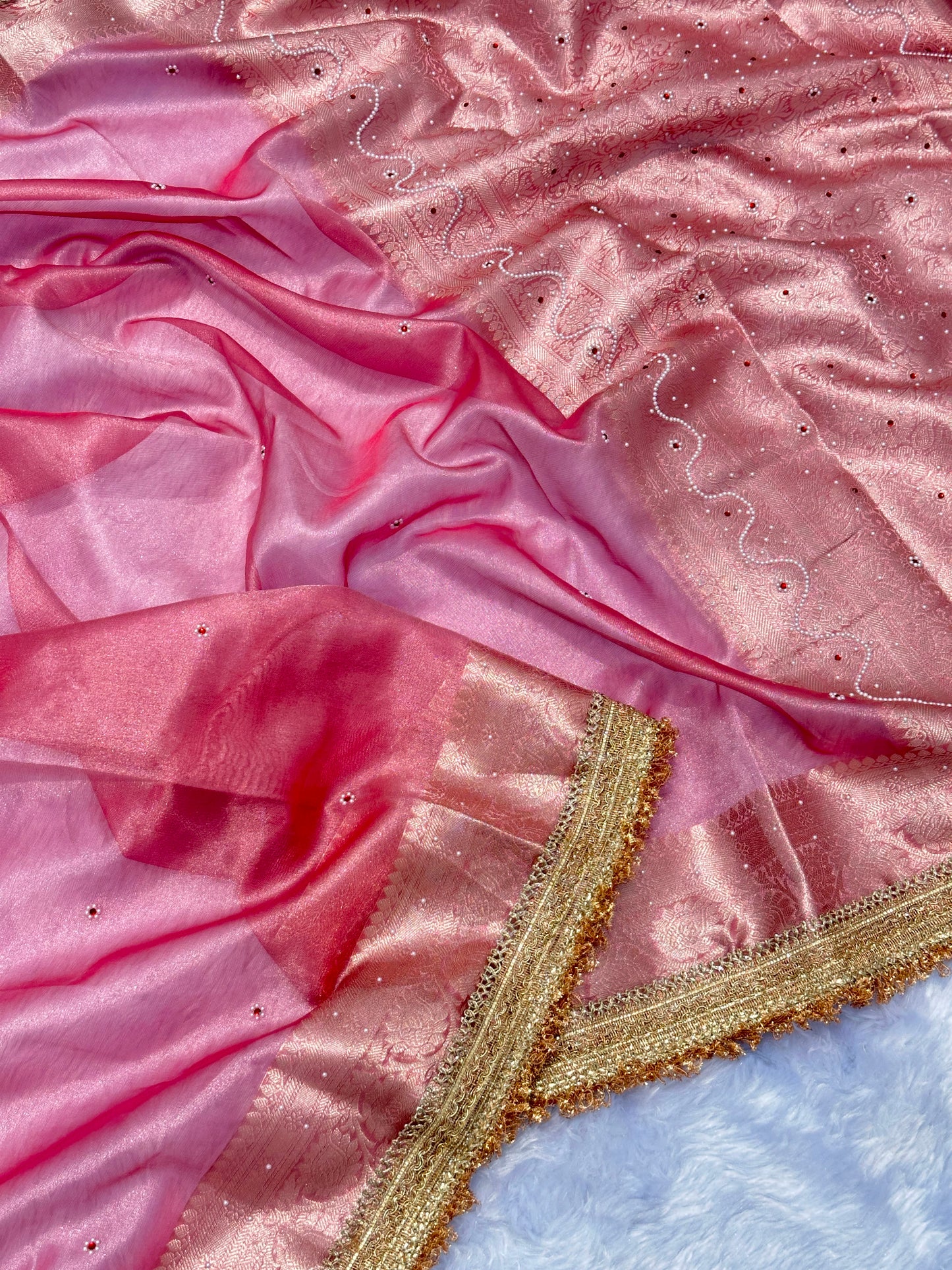 Blush Peach Kora Silk Tissue Saree with Mirror Work