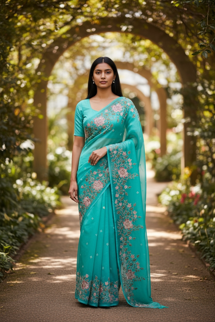 Organza Banarasi Kora Floral Embroidery