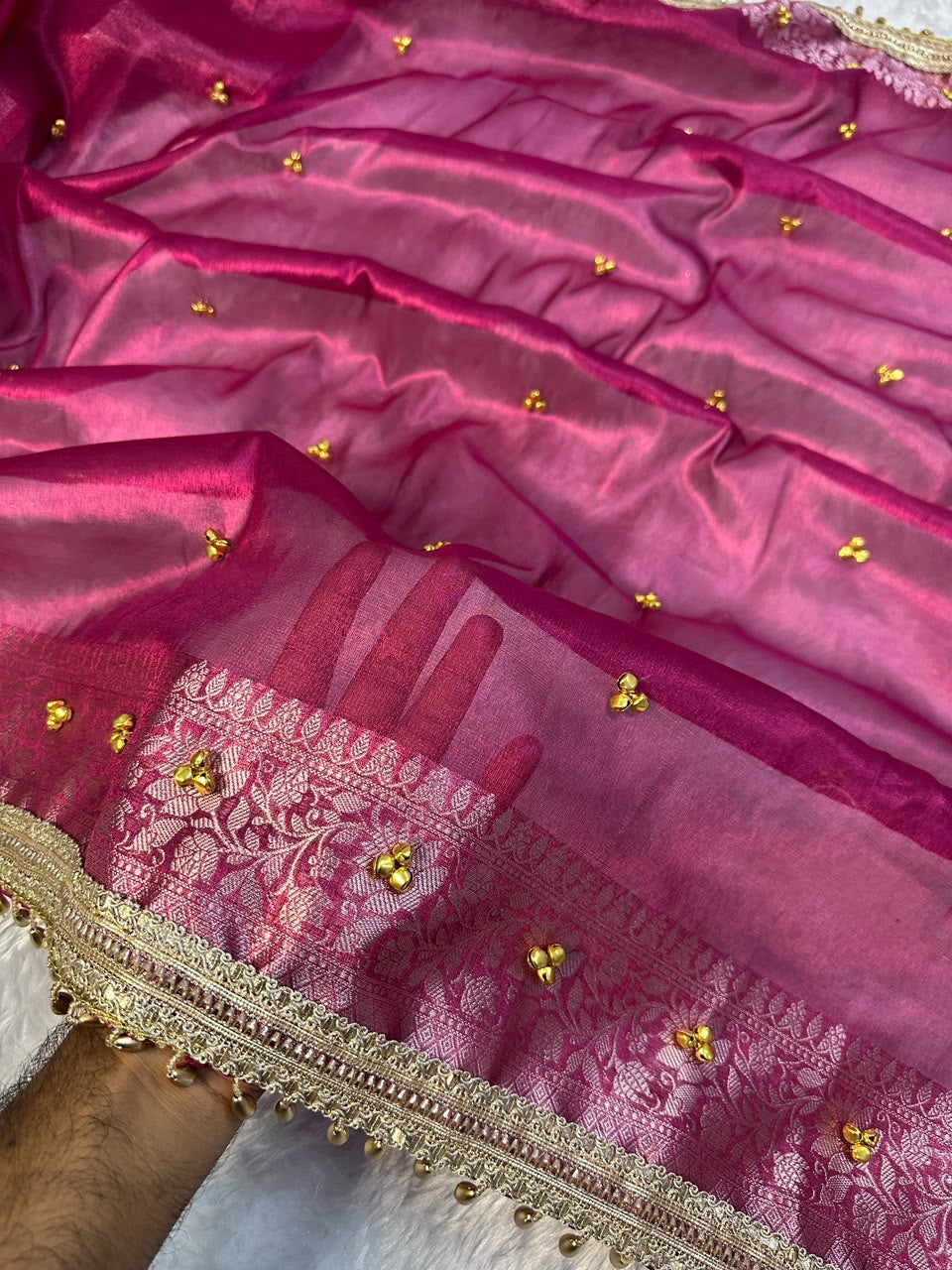 Tissue Banarasi-Style Saree with Ghungroo Latkan Border & Brocade Pallu