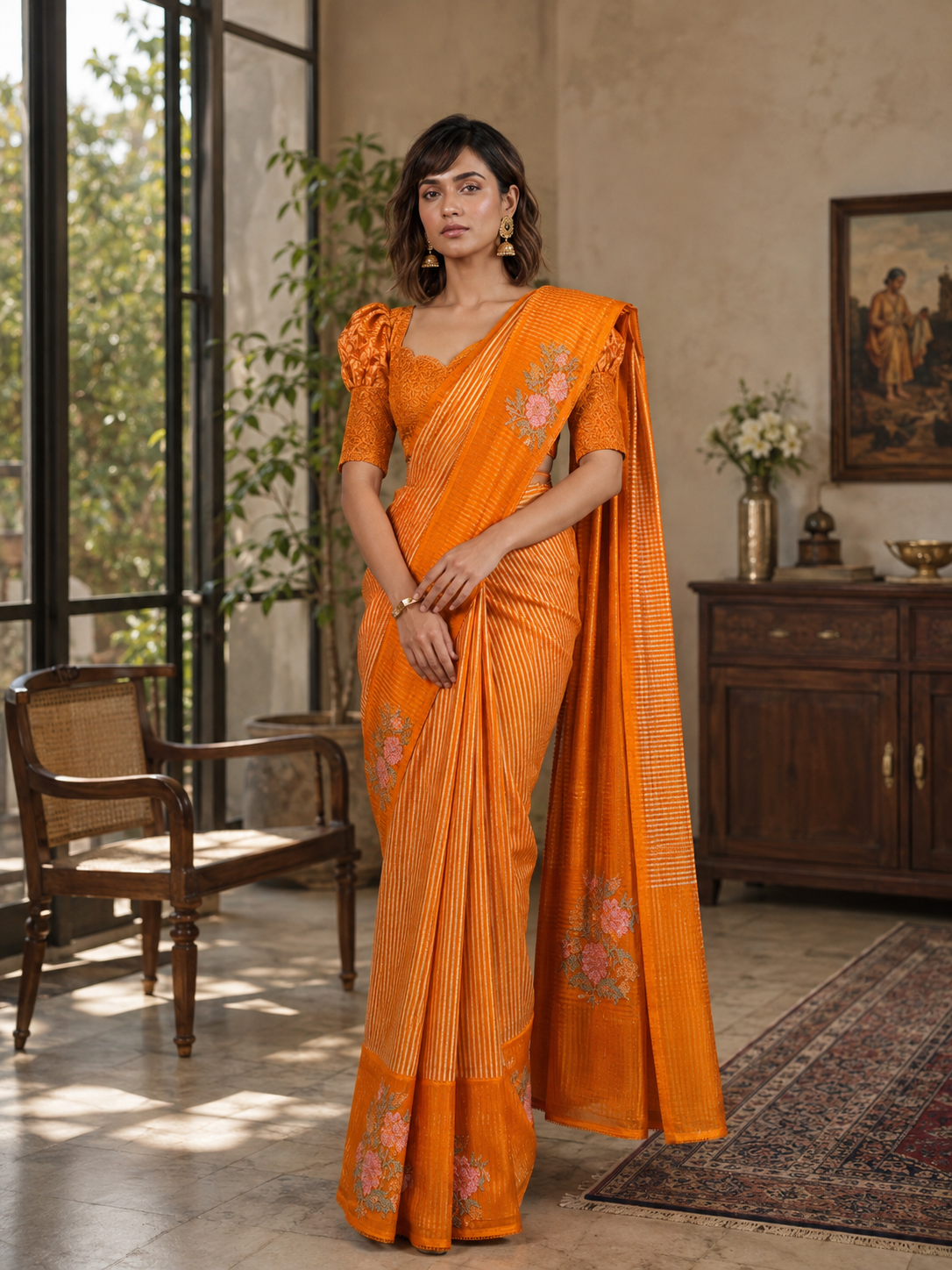 Scattered Bouquet Pinstripe Saree