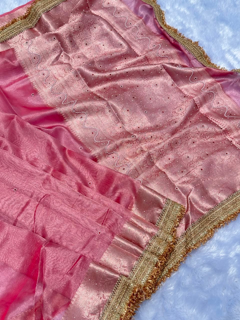 Blush Peach Kora Silk Tissue Saree with Mirror Work