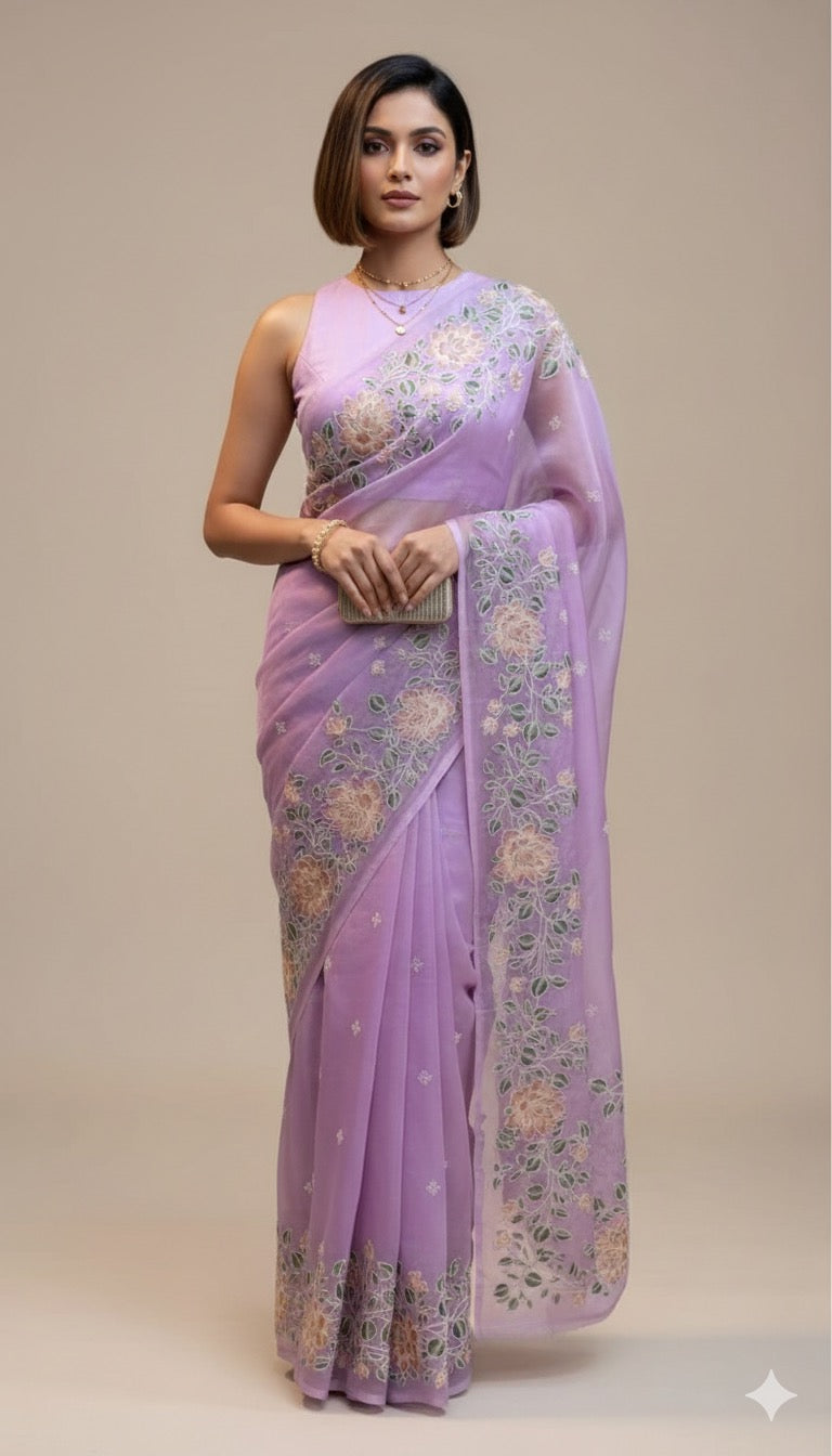 Organza Banarasi Kora Floral Embroidery