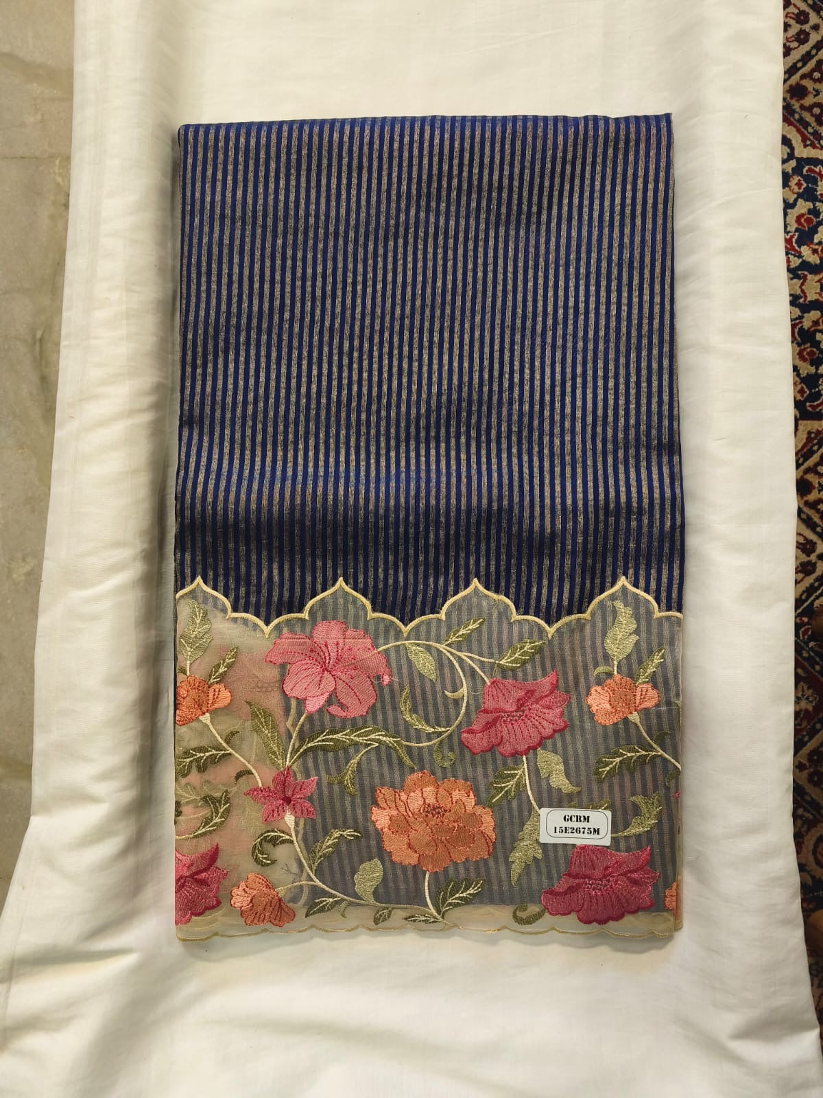 Midnight Stripe Scallop Border Saree