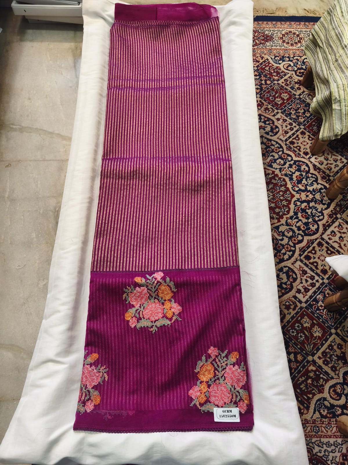 Scattered Bouquet Pinstripe Saree