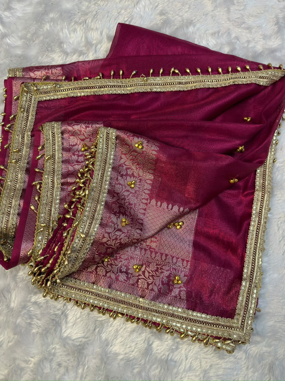 Tissue Banarasi-Style Saree with Ghungroo Latkan Border & Brocade Pallu