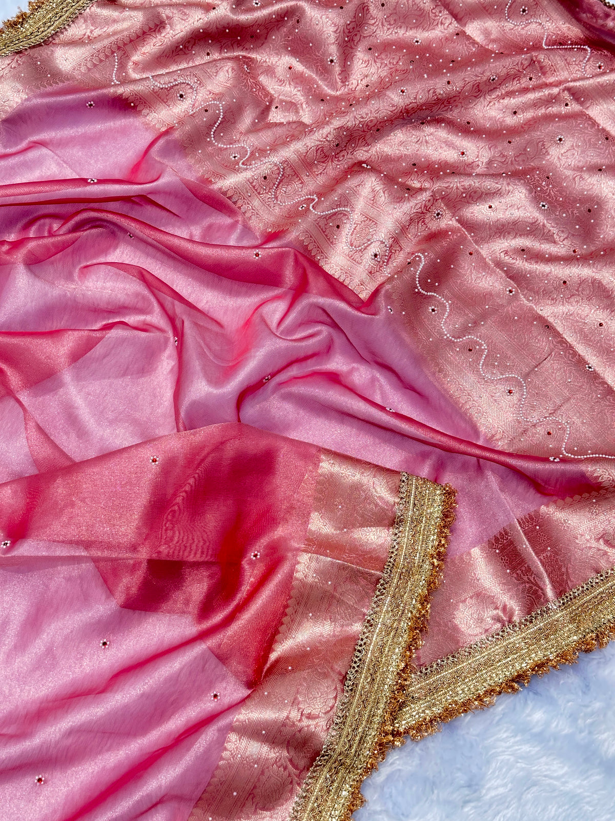 Blush Peach Kora Silk Tissue Saree with Mirror Work
