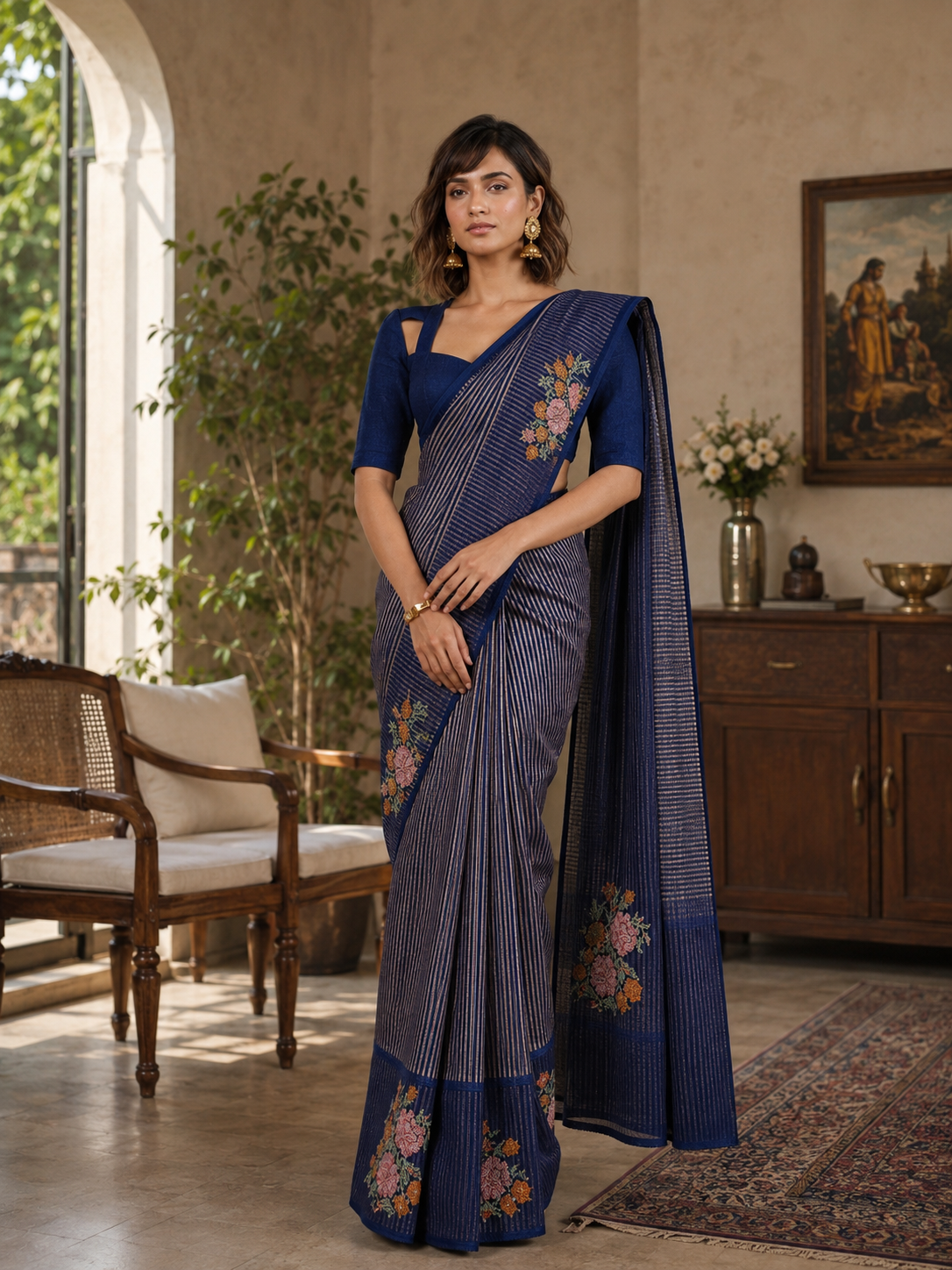 Scattered Bouquet Pinstripe Saree