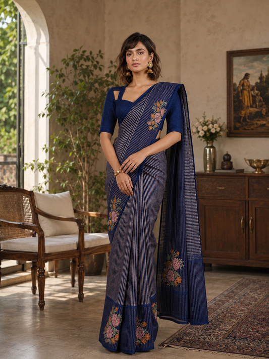 Scattered Bouquet Pinstripe Saree