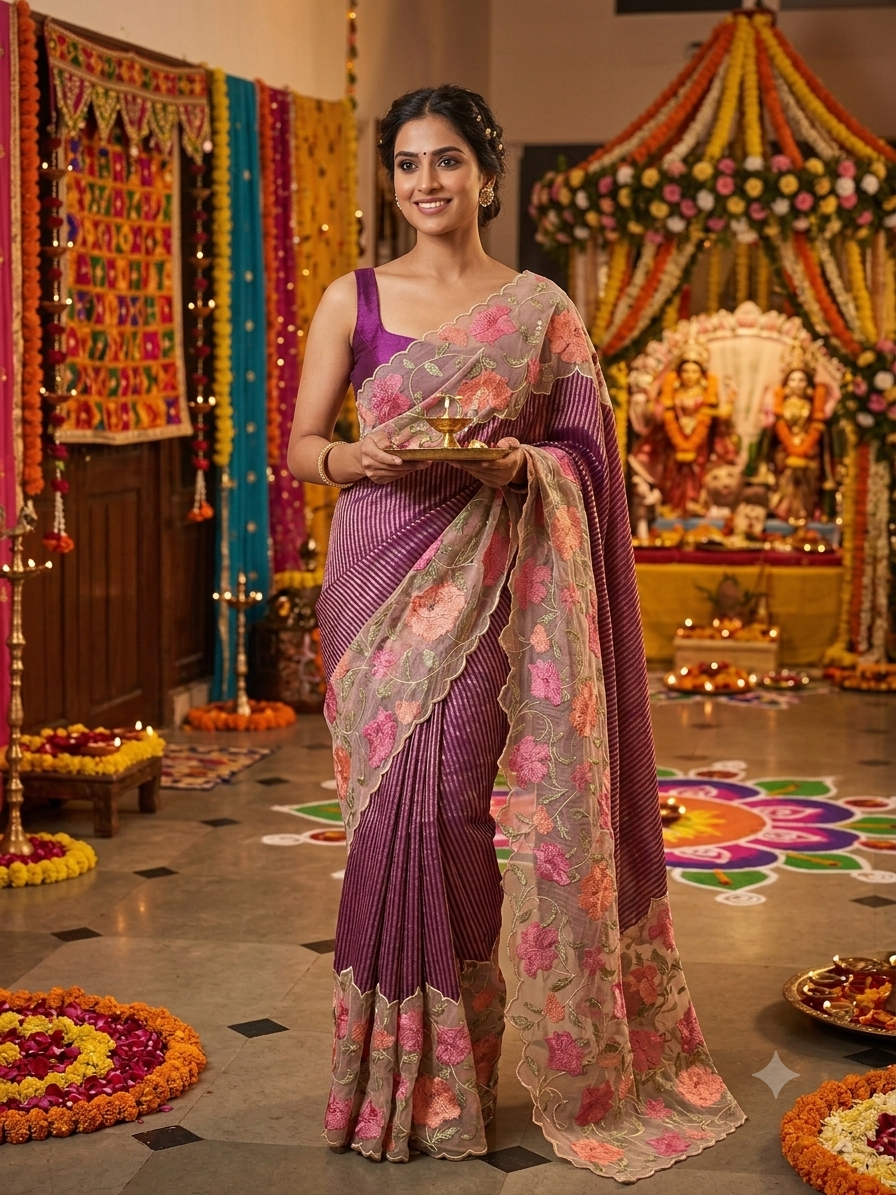 Midnight Stripe Scallop Border Saree