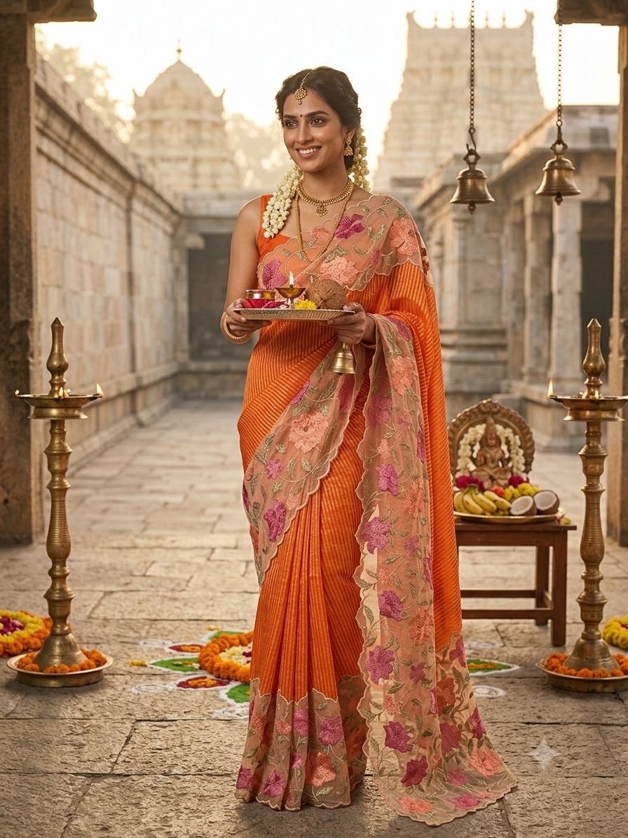 Midnight Stripe Scallop Border Saree