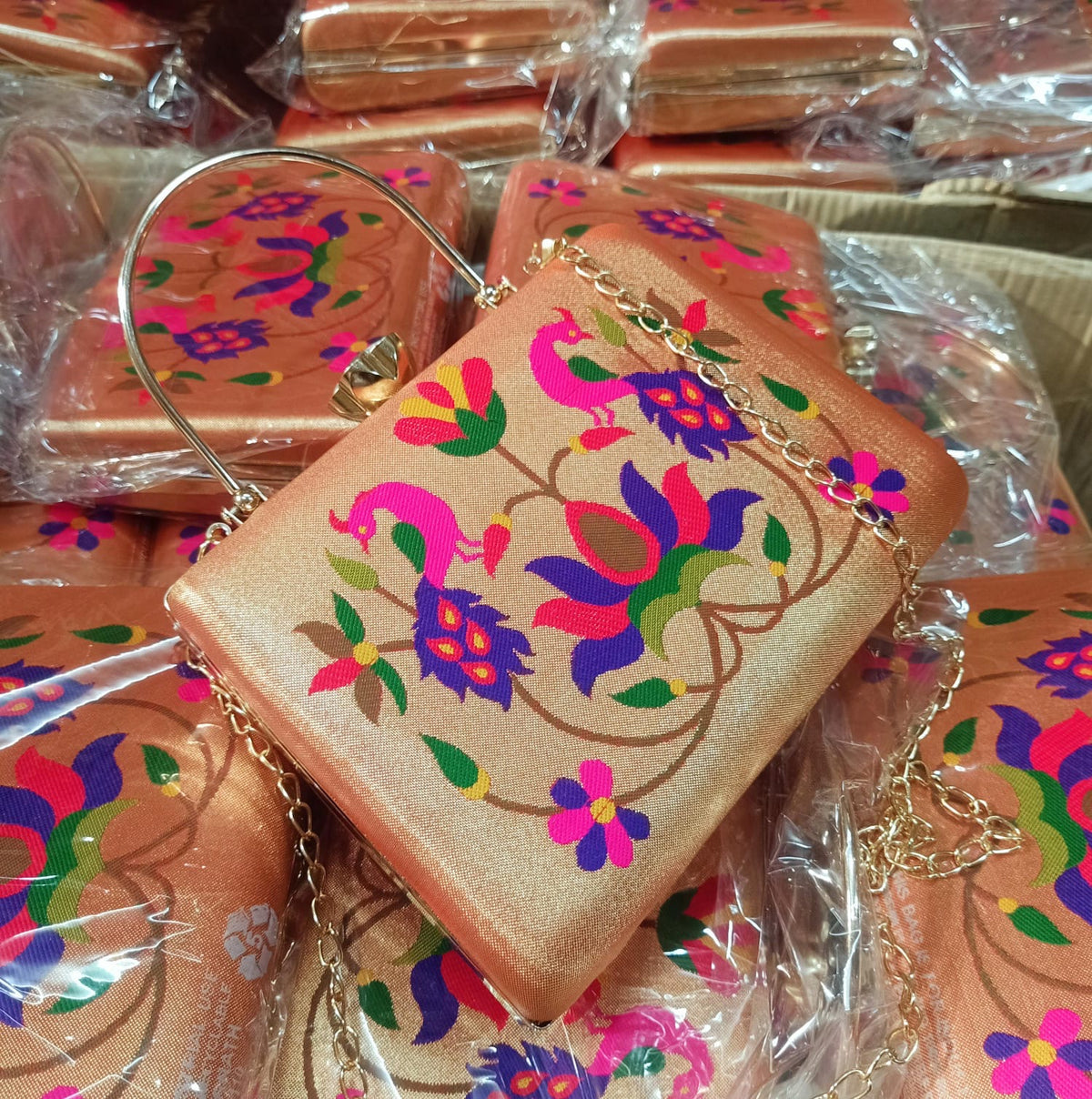 Paithani-Inspired Diamond Frame Silk Clutch – Peacock &amp; Floral Motif