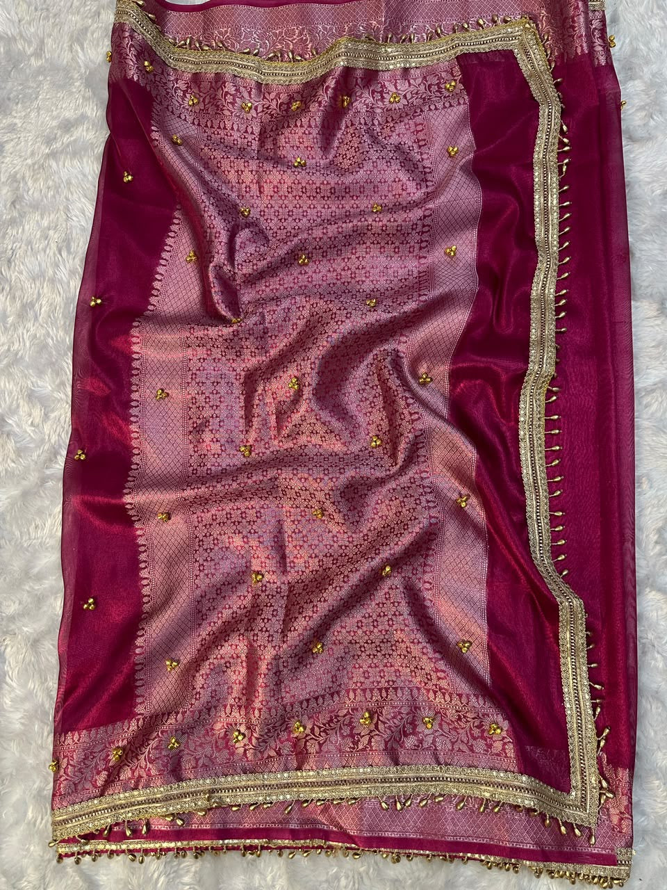 Tissue Banarasi-Style Saree with Ghungroo Latkan Border & Brocade Pallu