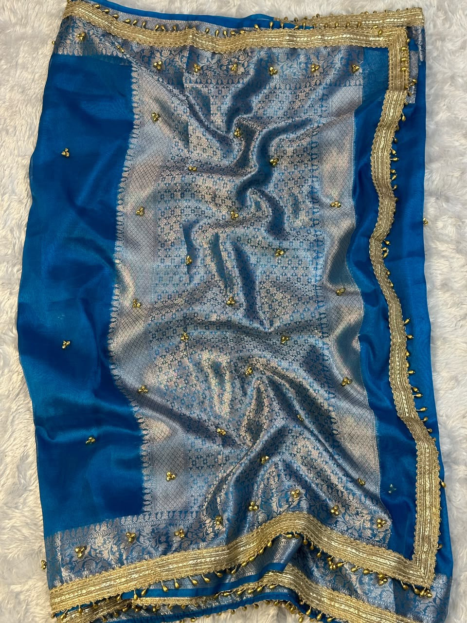 Tissue Banarasi-Style Saree with Ghungroo Latkan Border & Brocade Pallu