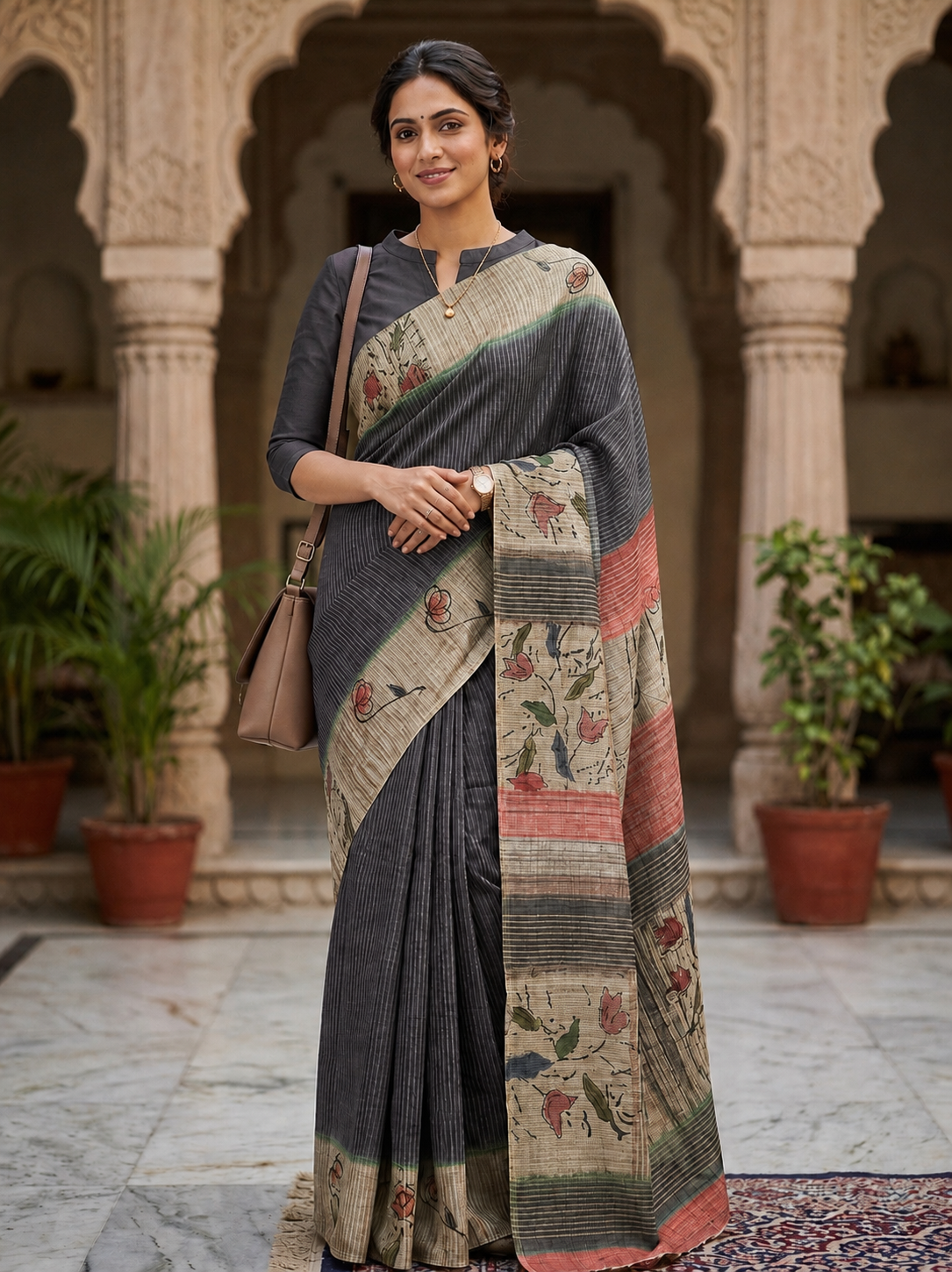 Twilight Bloom Cotton-Linen Saree
