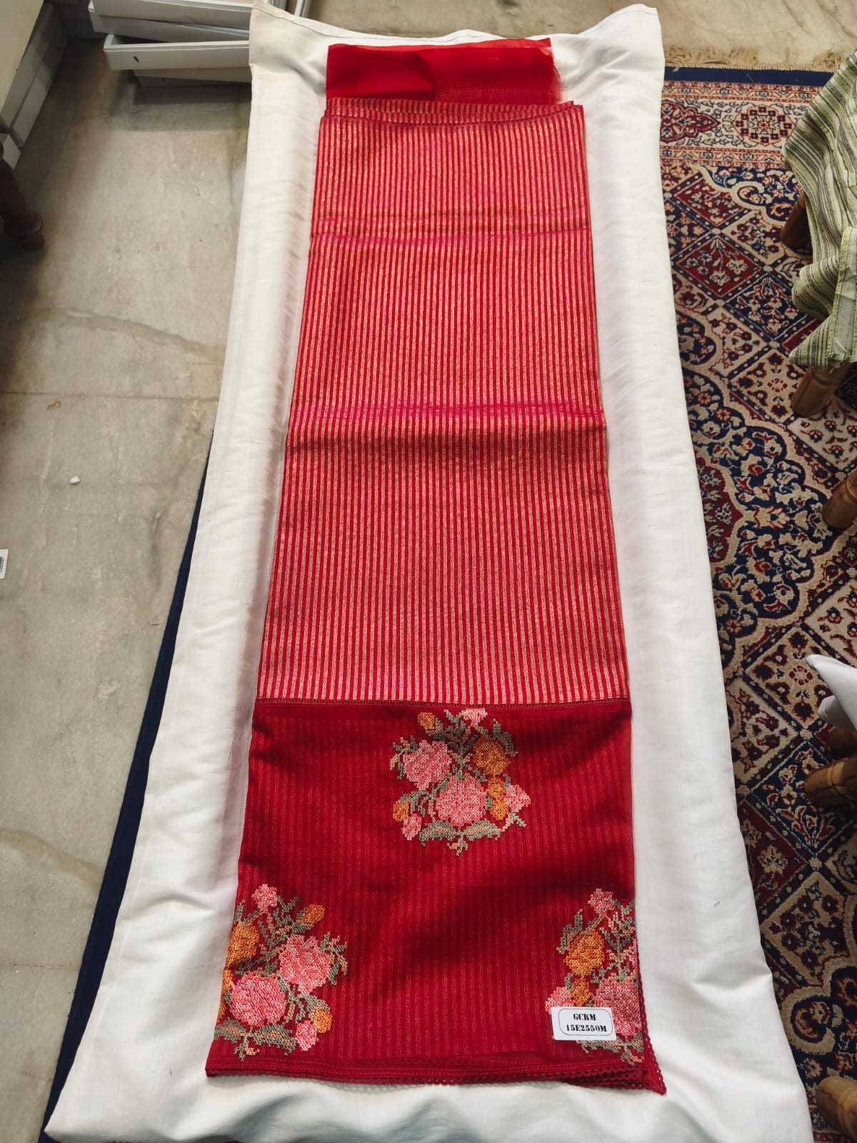 Scattered Bouquet Pinstripe Saree
