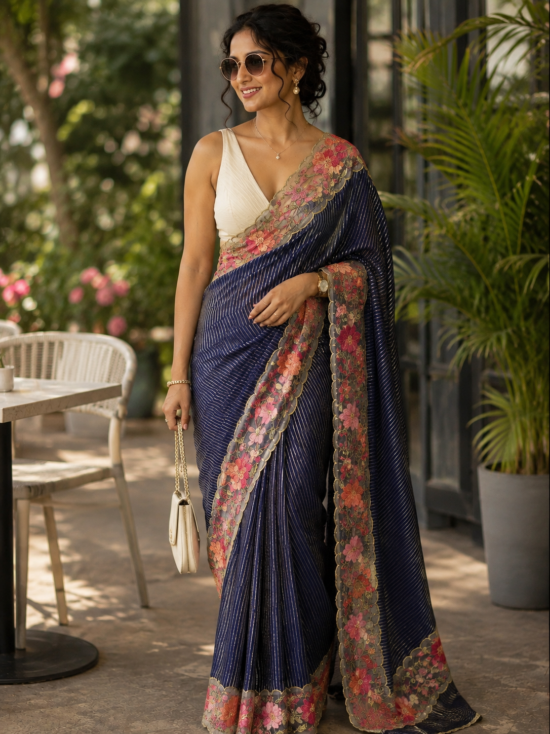 Midnight Stripe Scallop Border Saree