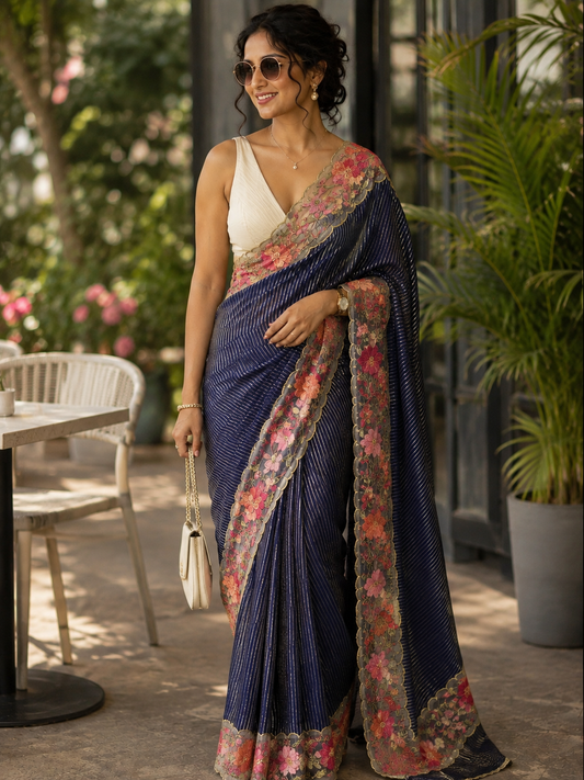 Midnight Stripe Scallop Border Saree