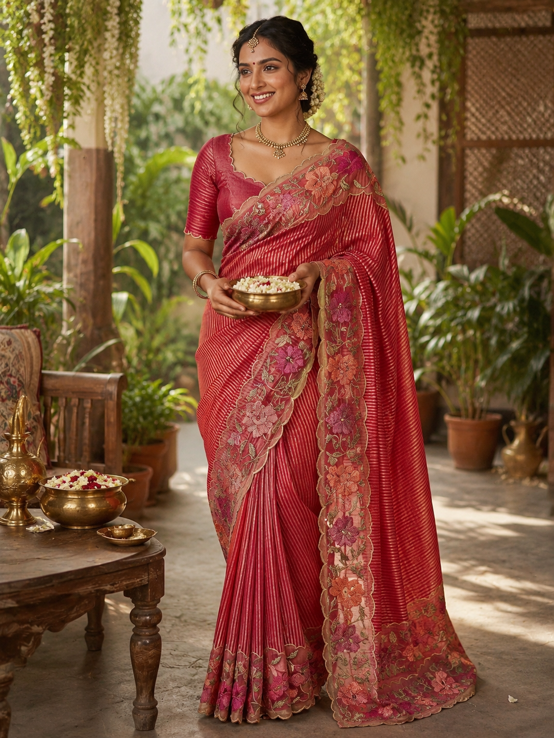 Midnight Stripe Scallop Border Saree