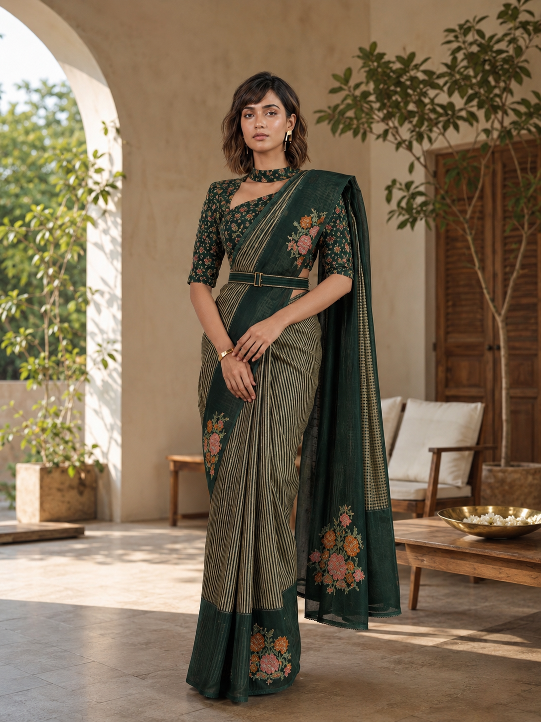 Scattered Bouquet Pinstripe Saree