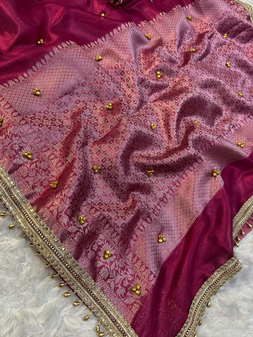 Tissue Banarasi-Style Saree with Ghungroo Latkan Border & Brocade Pallu