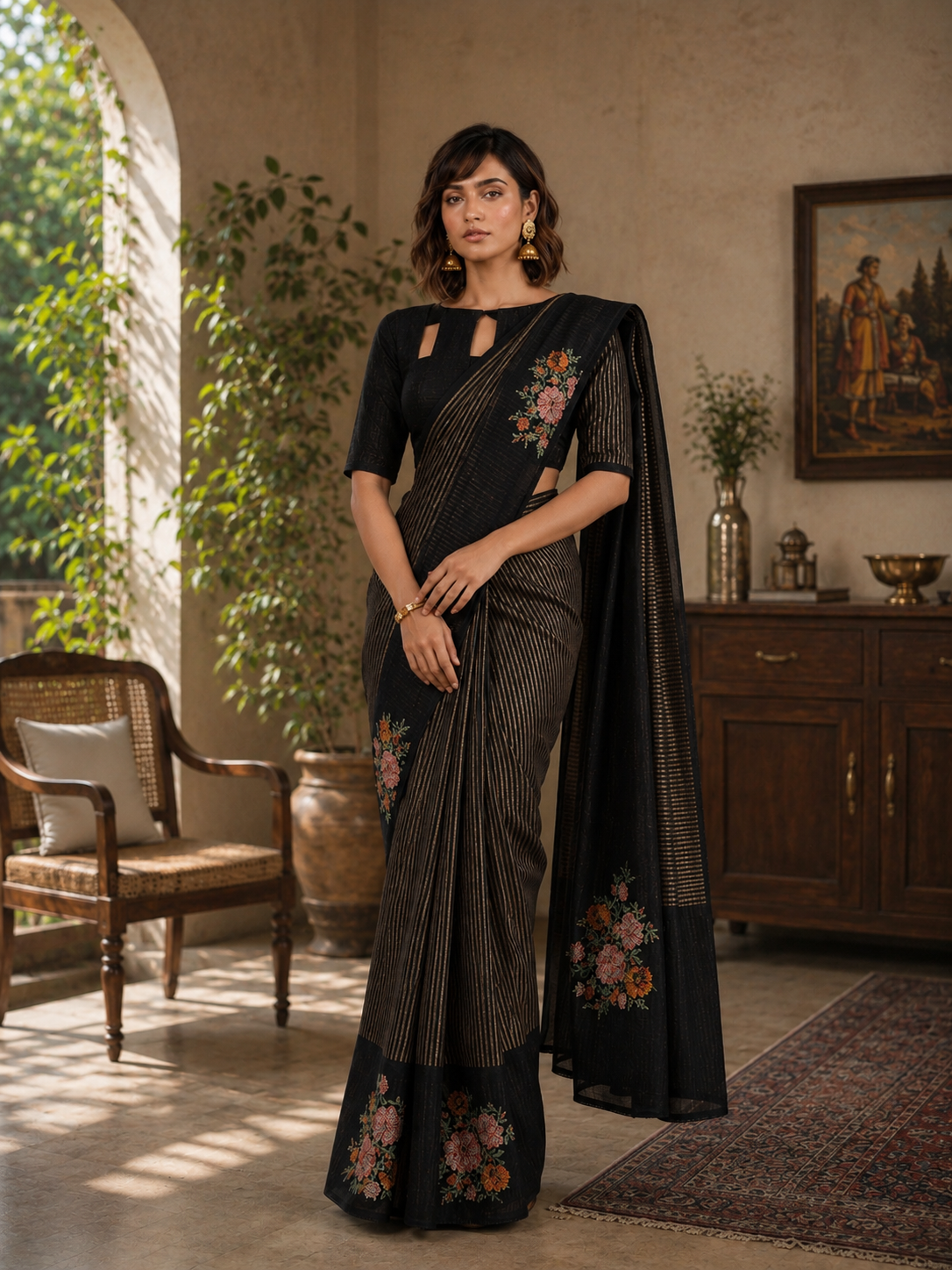 Scattered Bouquet Pinstripe Saree