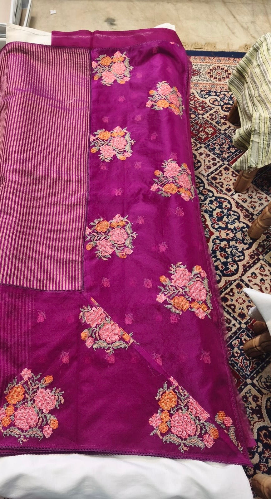 Scattered Bouquet Pinstripe Saree