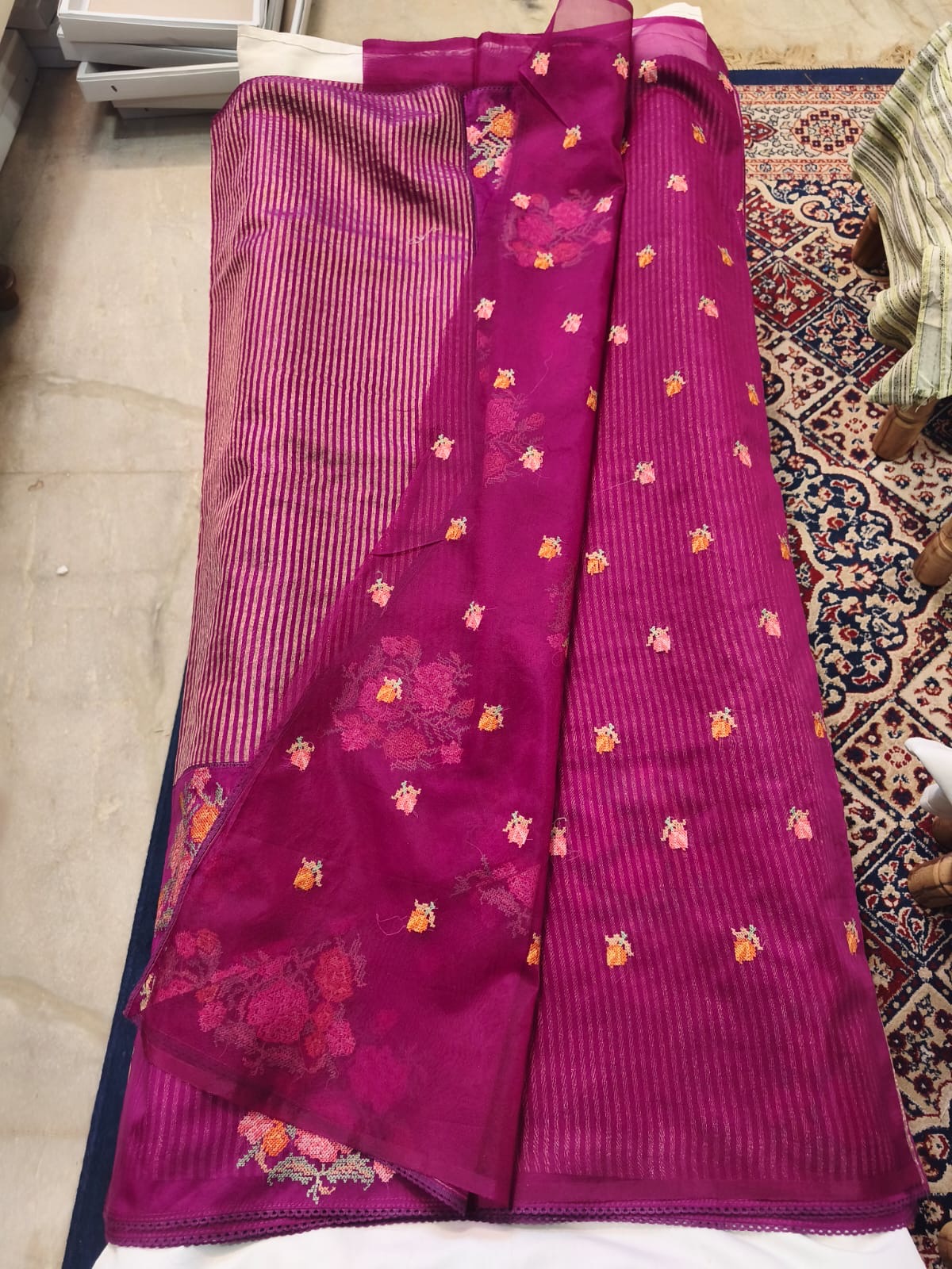 Scattered Bouquet Pinstripe Saree