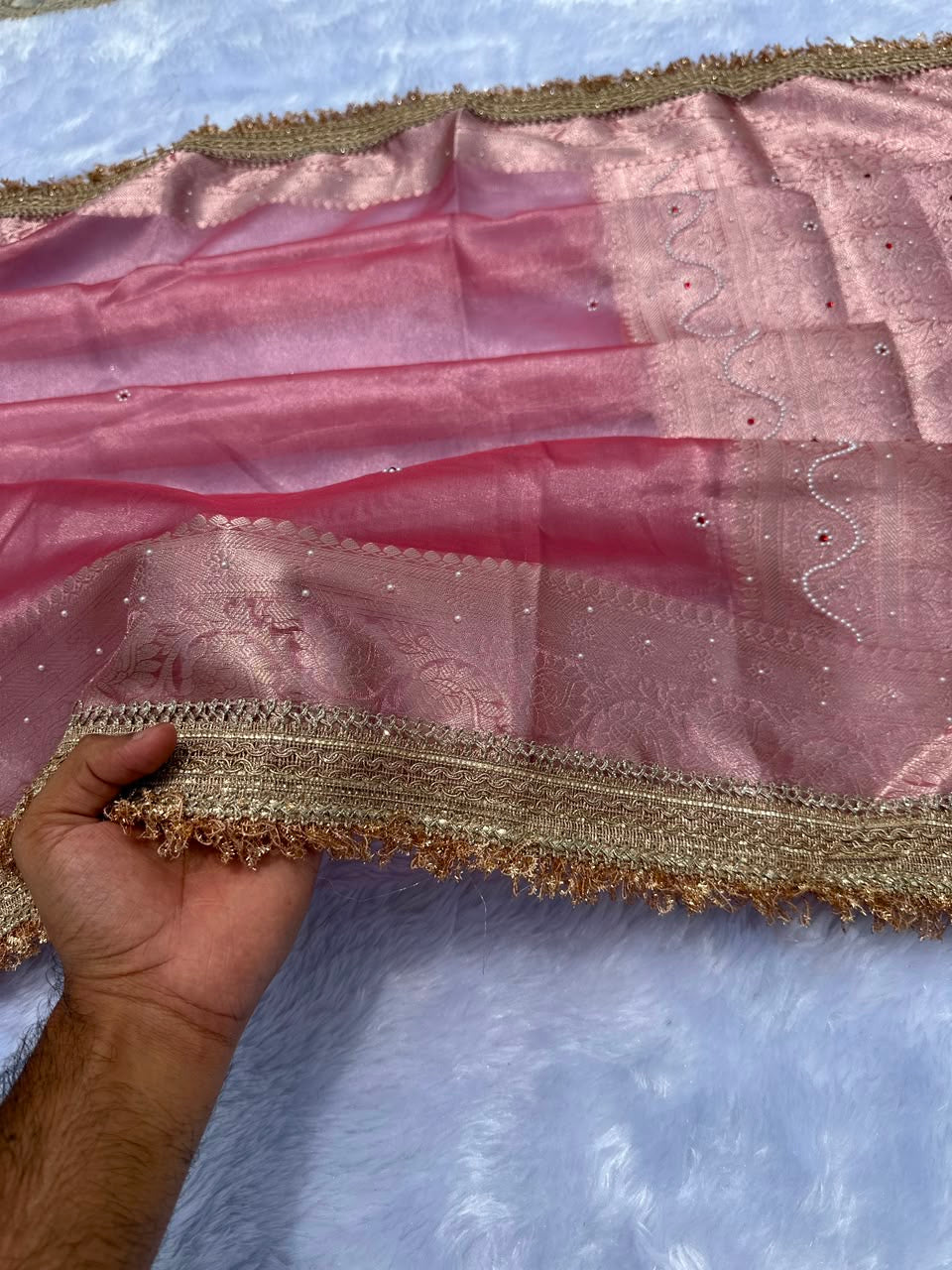 Blush Peach Kora Silk Tissue Saree with Mirror Work