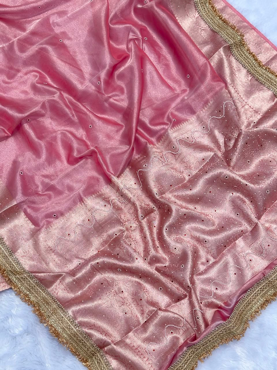 Blush Peach Kora Silk Tissue Saree with Mirror Work