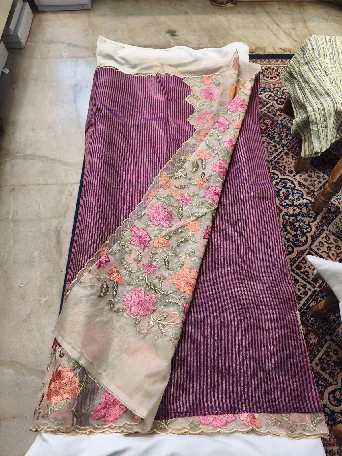 Midnight Stripe Scallop Border Saree