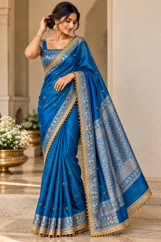 Tissue Banarasi-Style Saree with Ghungroo Latkan Border & Brocade Pallu