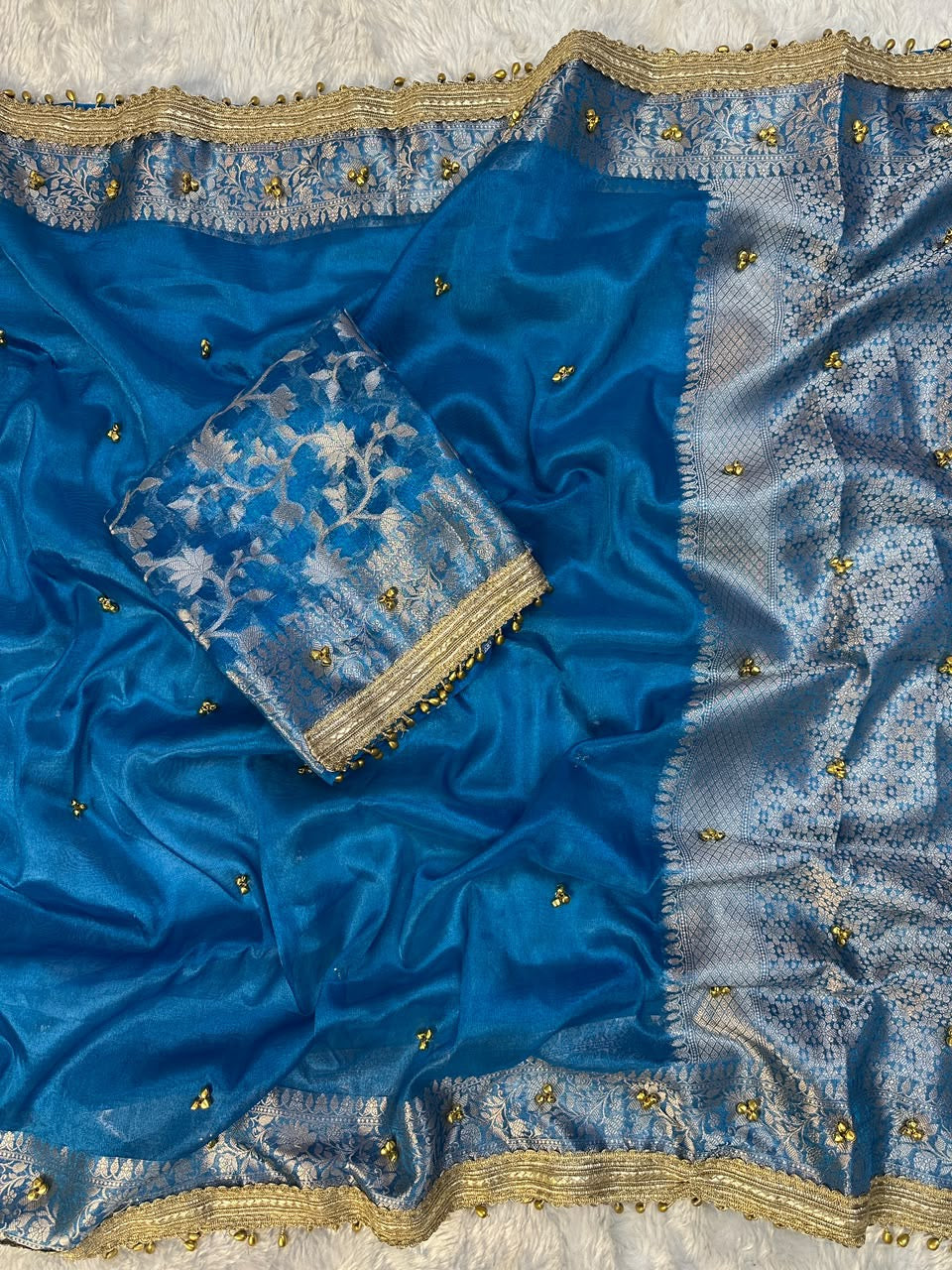 Tissue Banarasi-Style Saree with Ghungroo Latkan Border & Brocade Pallu