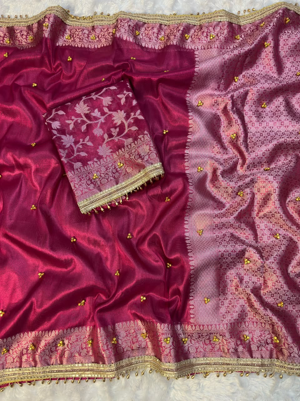Tissue Banarasi-Style Saree with Ghungroo Latkan Border & Brocade Pallu