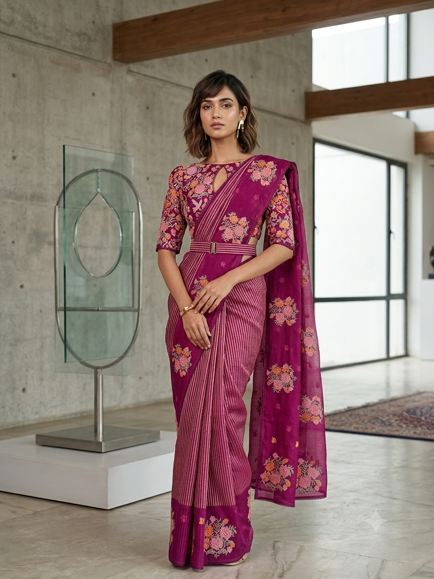 Scattered Bouquet Pinstripe Saree