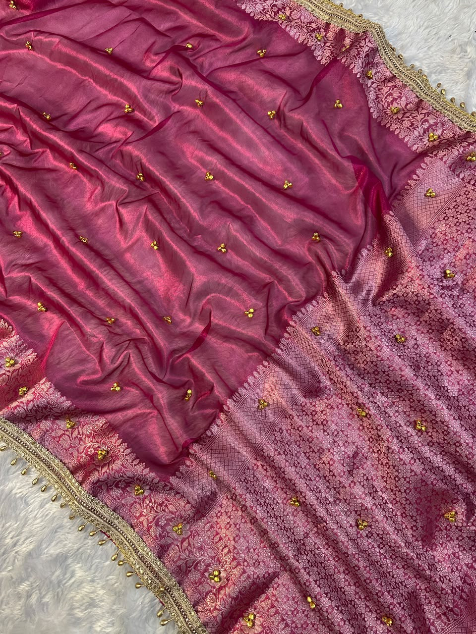 Tissue Banarasi-Style Saree with Ghungroo Latkan Border & Brocade Pallu