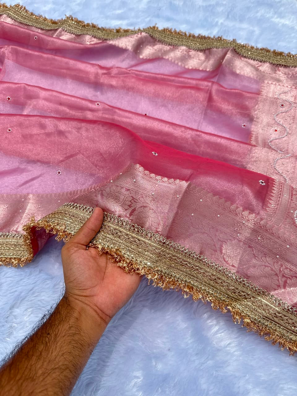 Blush Peach Kora Silk Tissue Saree with Mirror Work