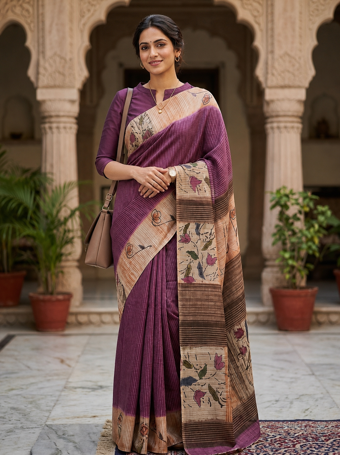 Twilight Bloom Cotton-Linen Saree