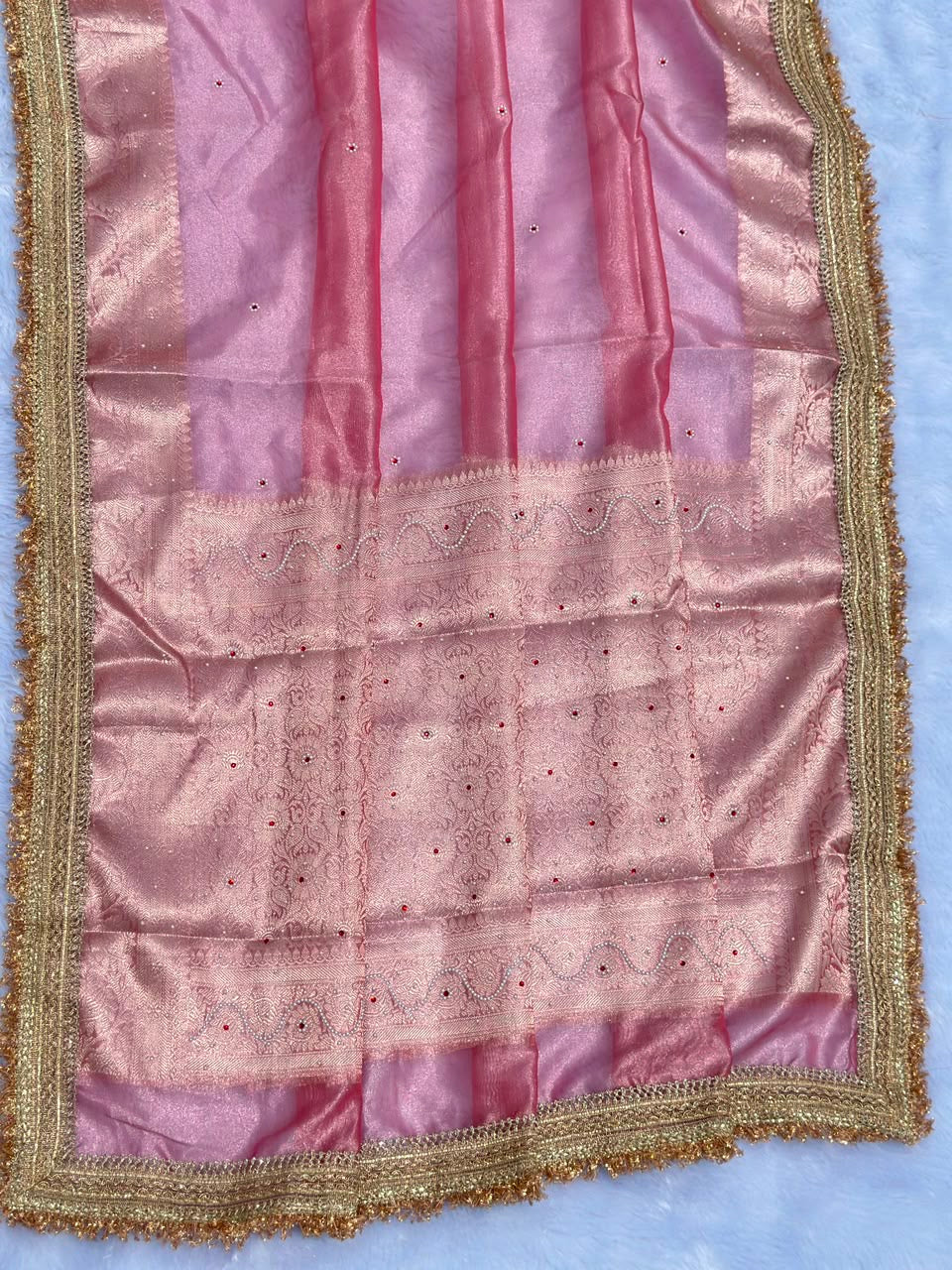 Blush Peach Kora Silk Tissue Saree with Mirror Work
