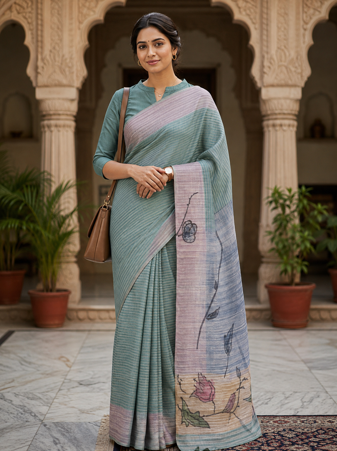 Twilight Bloom Cotton-Linen Saree