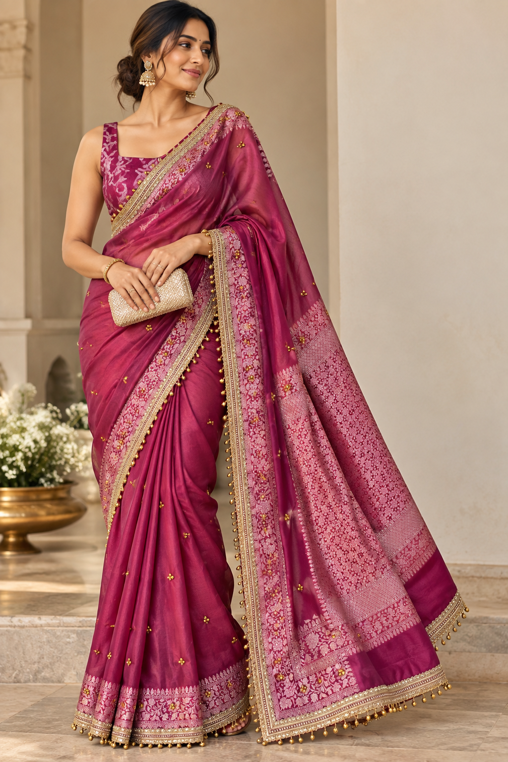 Tissue Banarasi-Style Saree with Ghungroo Latkan Border & Brocade Pallu