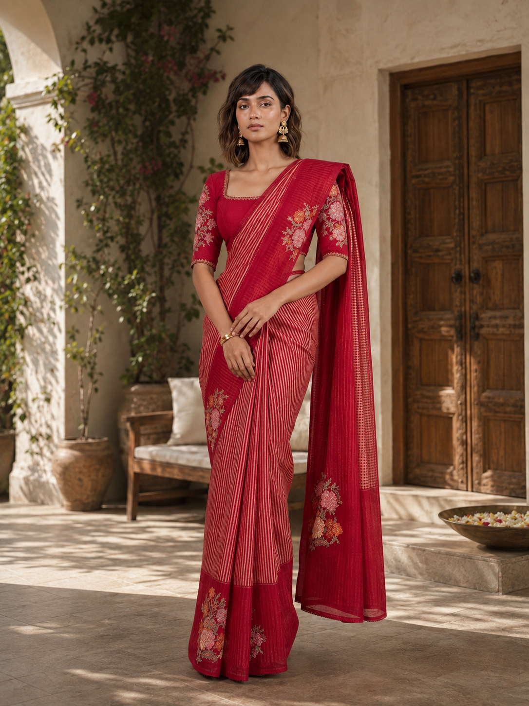 Scattered Bouquet Pinstripe Saree