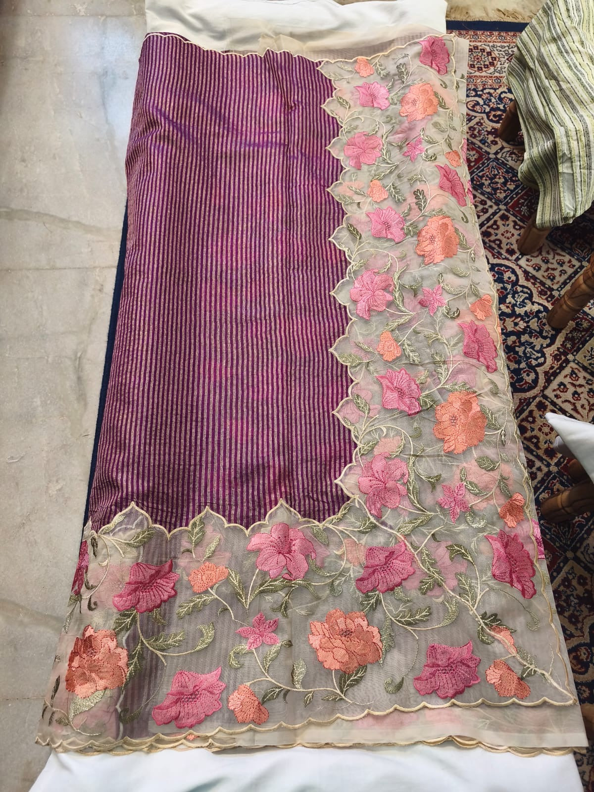 Midnight Stripe Scallop Border Saree