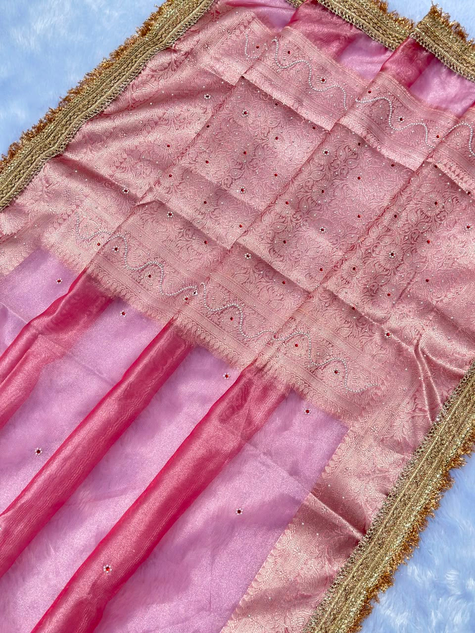 Blush Peach Kora Silk Tissue Saree with Mirror Work