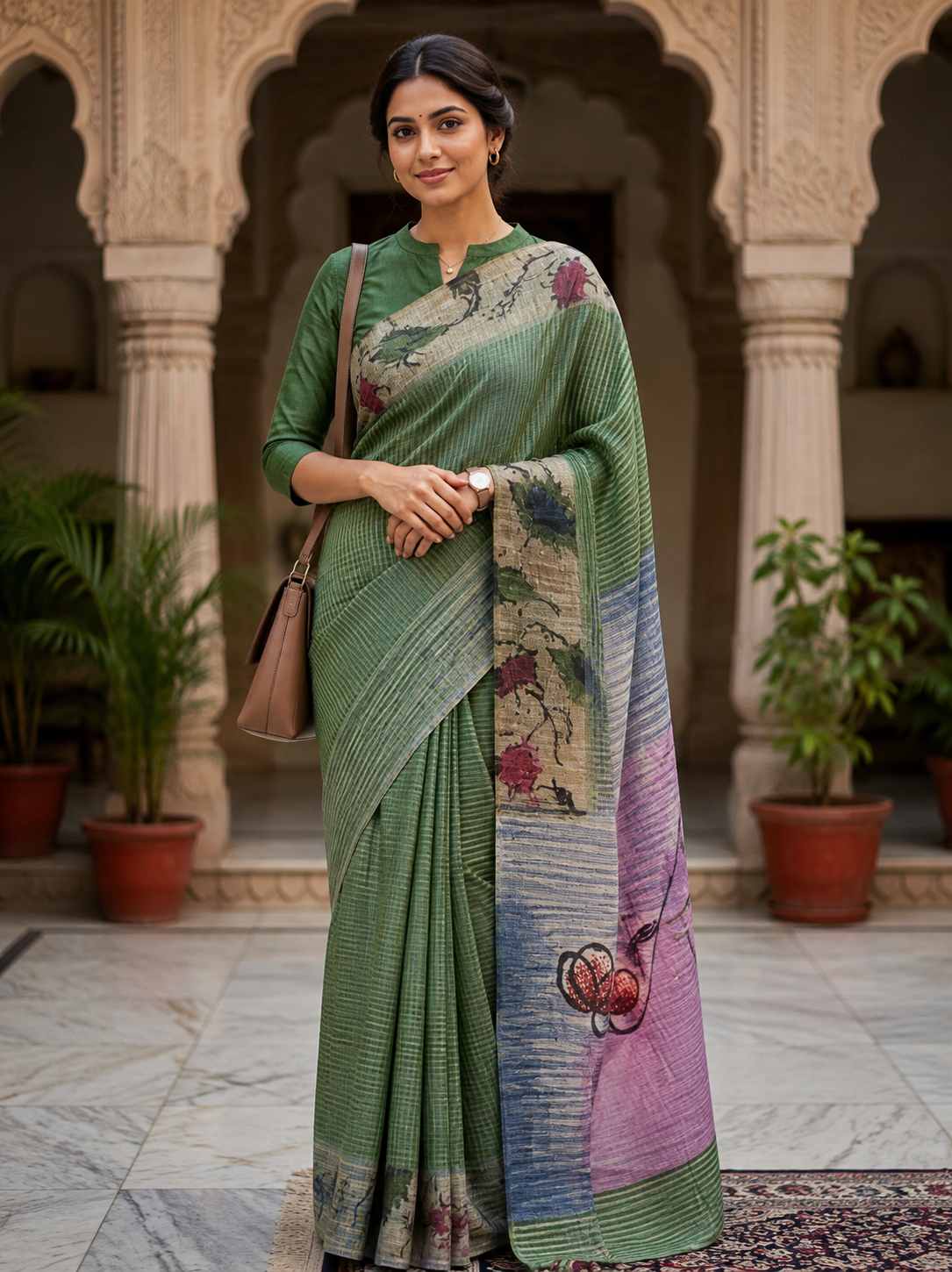 Twilight Bloom Cotton-Linen Saree