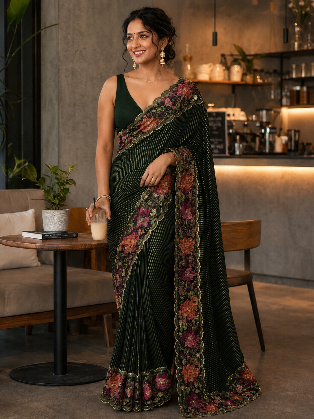 Midnight Stripe Scallop Border Saree