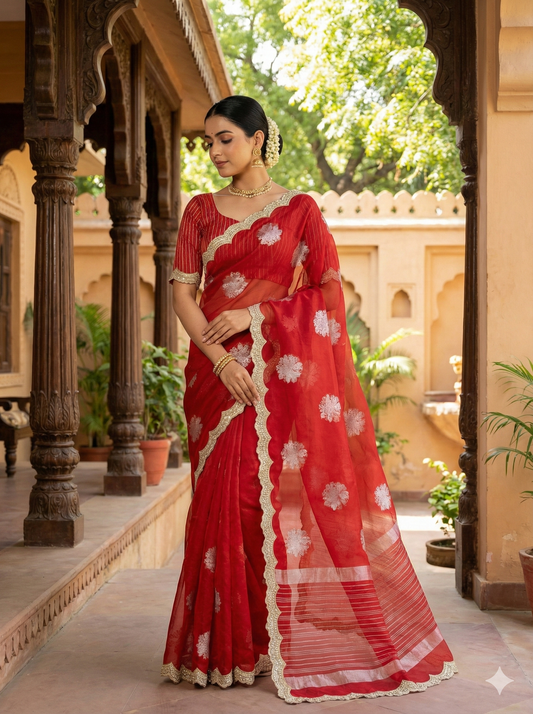 Banarasi Kora Organza Saree with Scallop Pearls Lace Hand Work Border